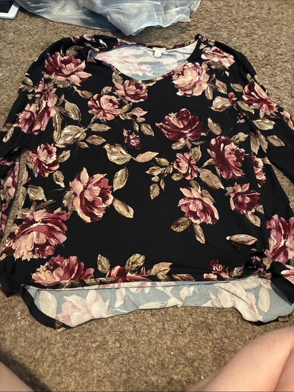 Black Floral V-Neck Long Sleeve Tunic with Pink Rose Print